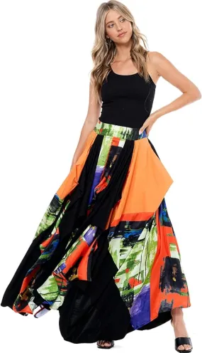 Romantic Boho Black & Orange Abstract Print Tov The Damsel`s Maxi Skirt