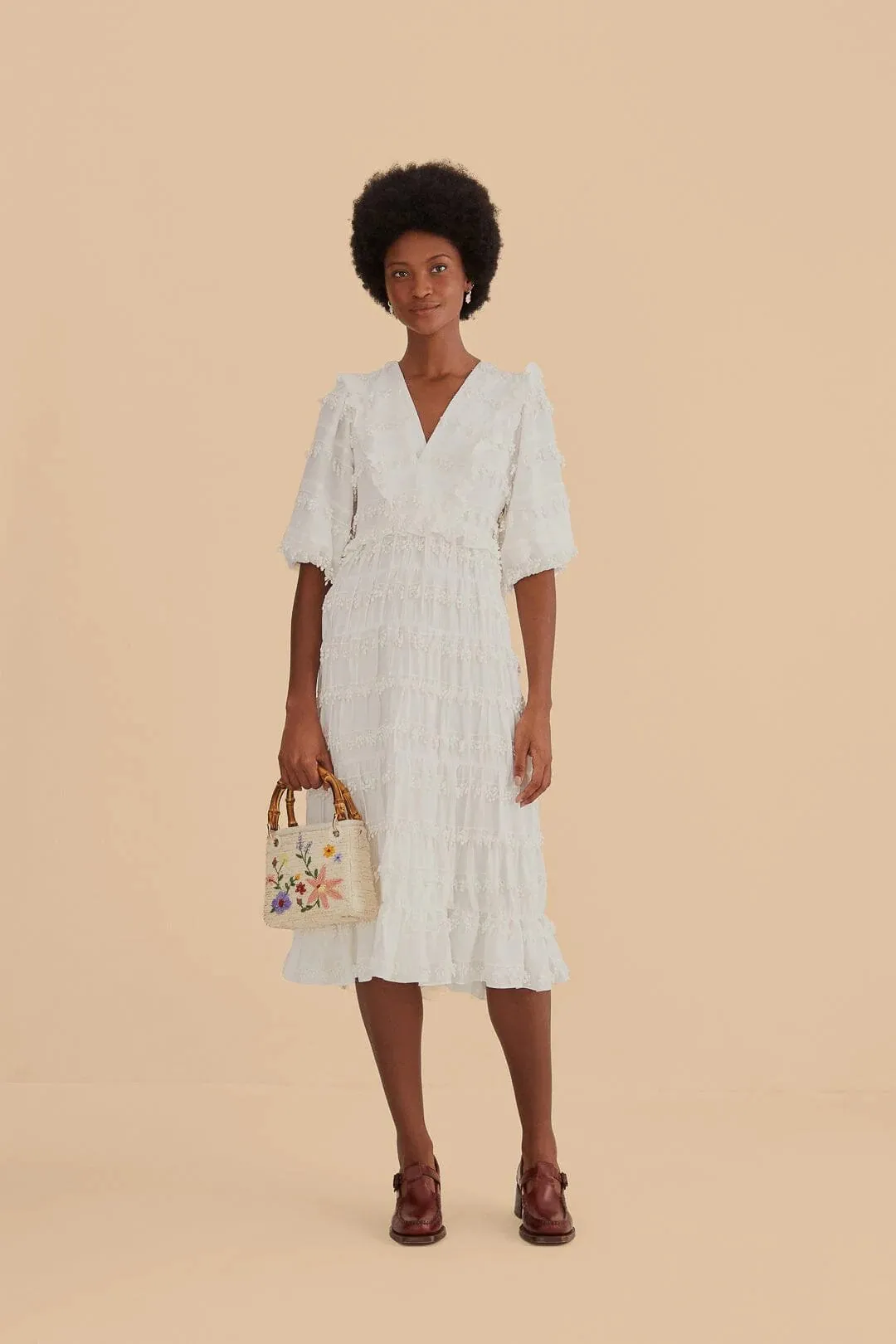 Ruffles Tassels Midi Dress Off White