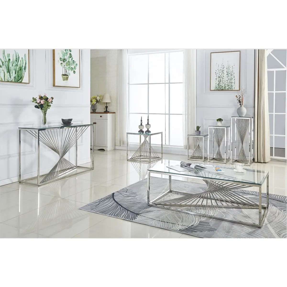 Shiny Chrome Glass Top Accent Table with Unique Twisting Pillar