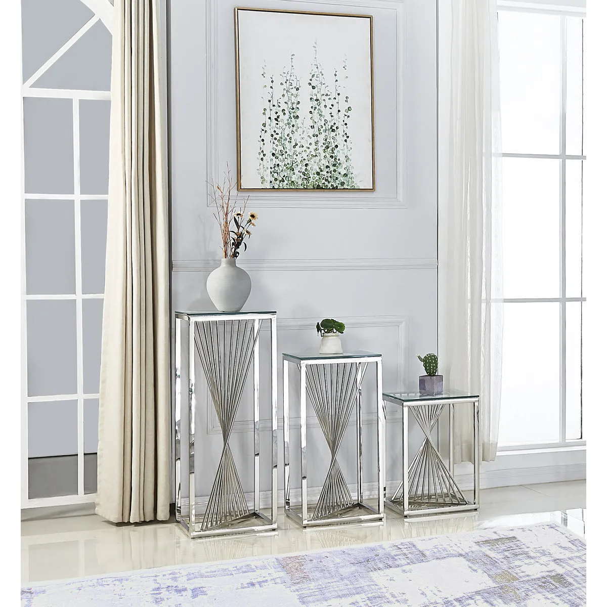 Shiny Chrome Glass Top Accent Table with Unique Twisting Pillar