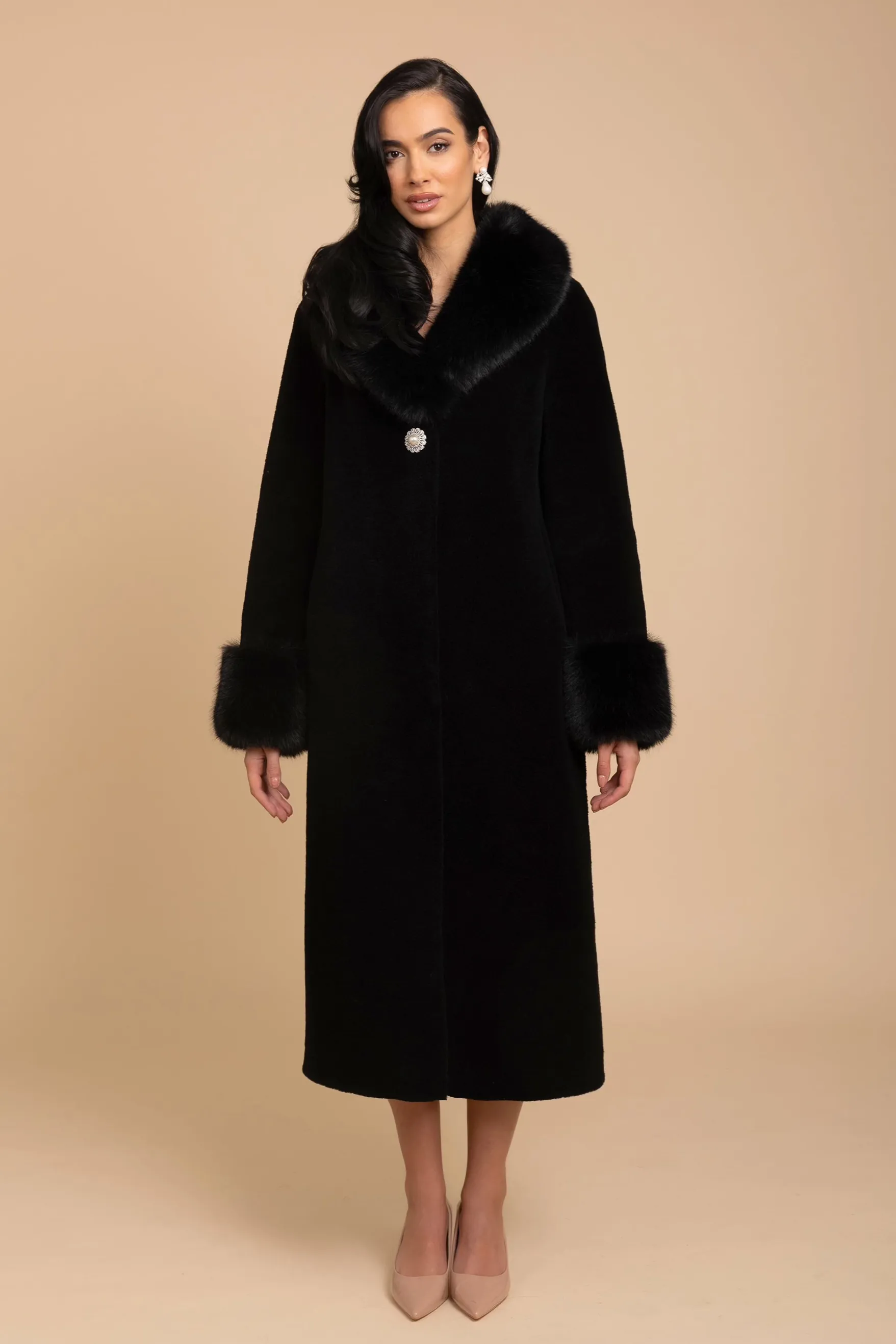 'Sunset Boulevard' Long Wool Coat with Faux Fur Collar in Nero