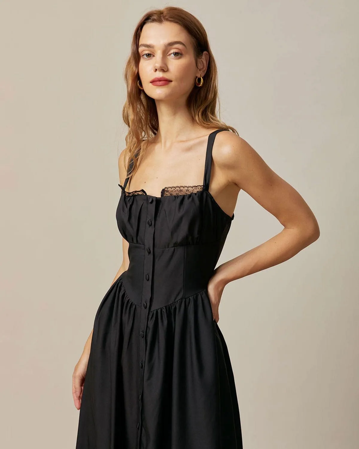 The Black Square Neck Lace Cami Midi Dress