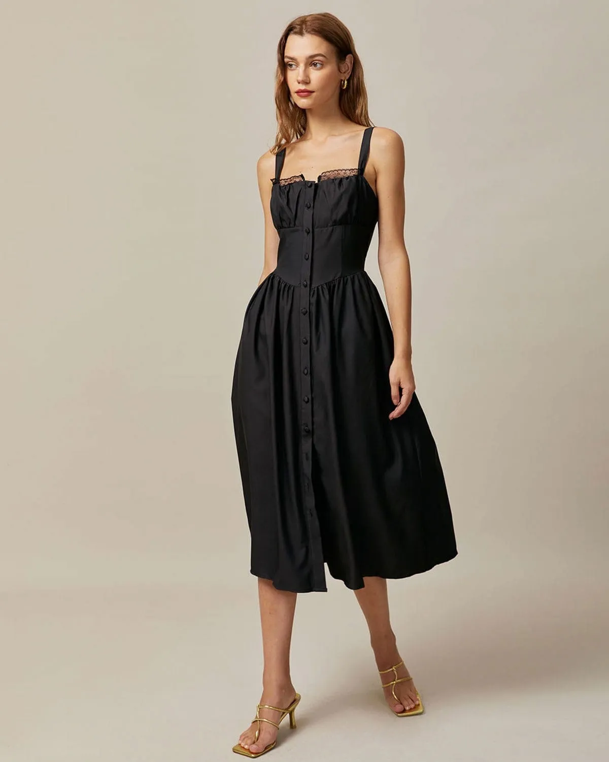 The Black Square Neck Lace Cami Midi Dress