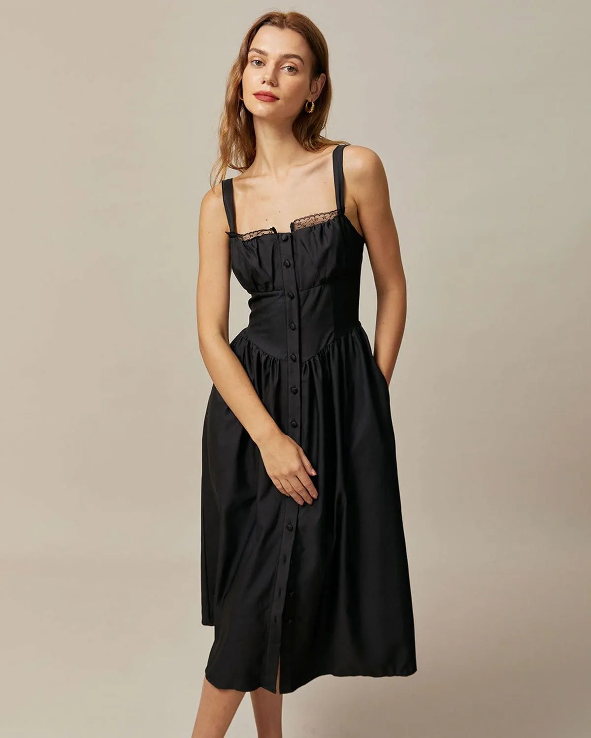 The Black Square Neck Lace Cami Midi Dress