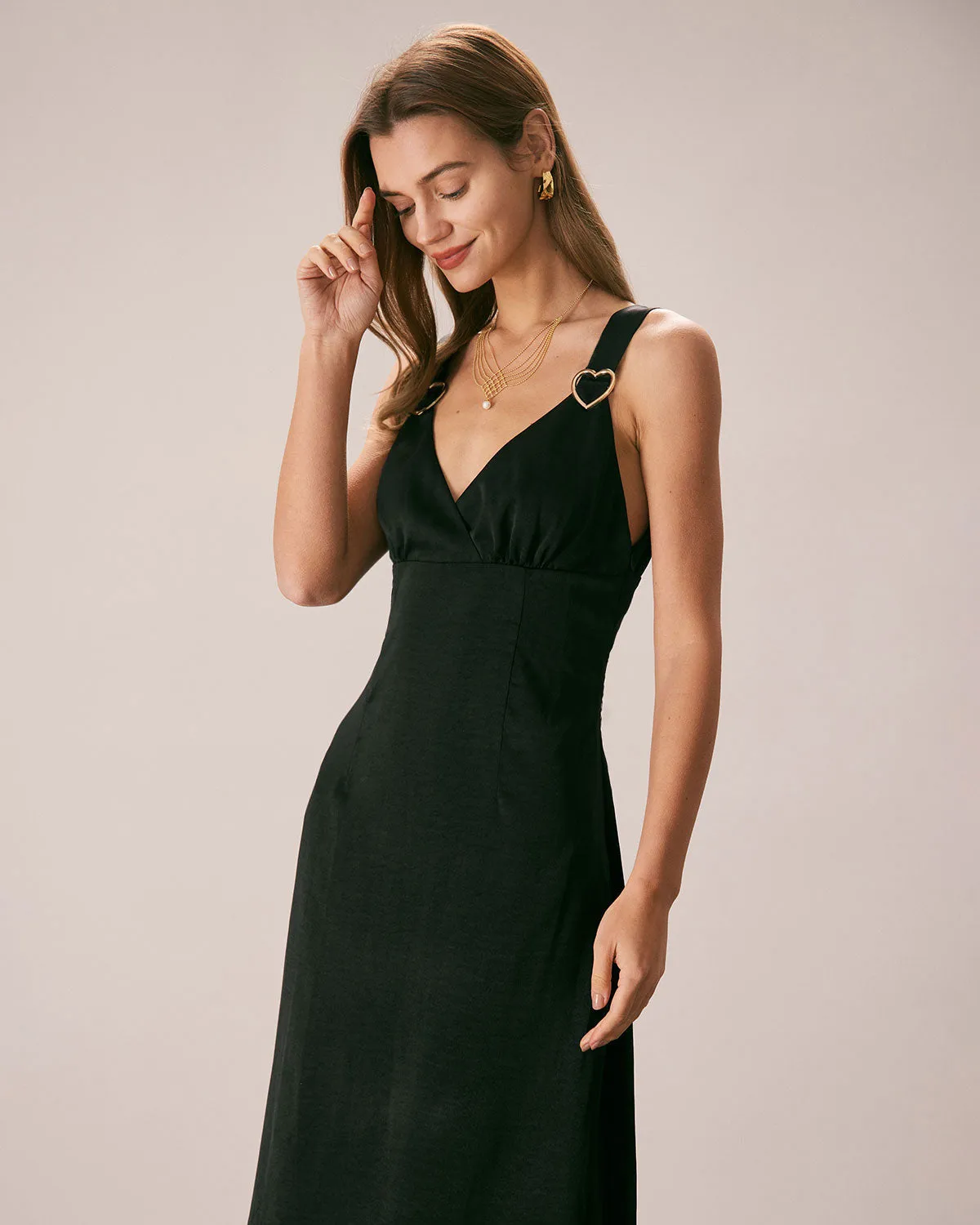 The Black V Neck Ruched Satin Midi Dress