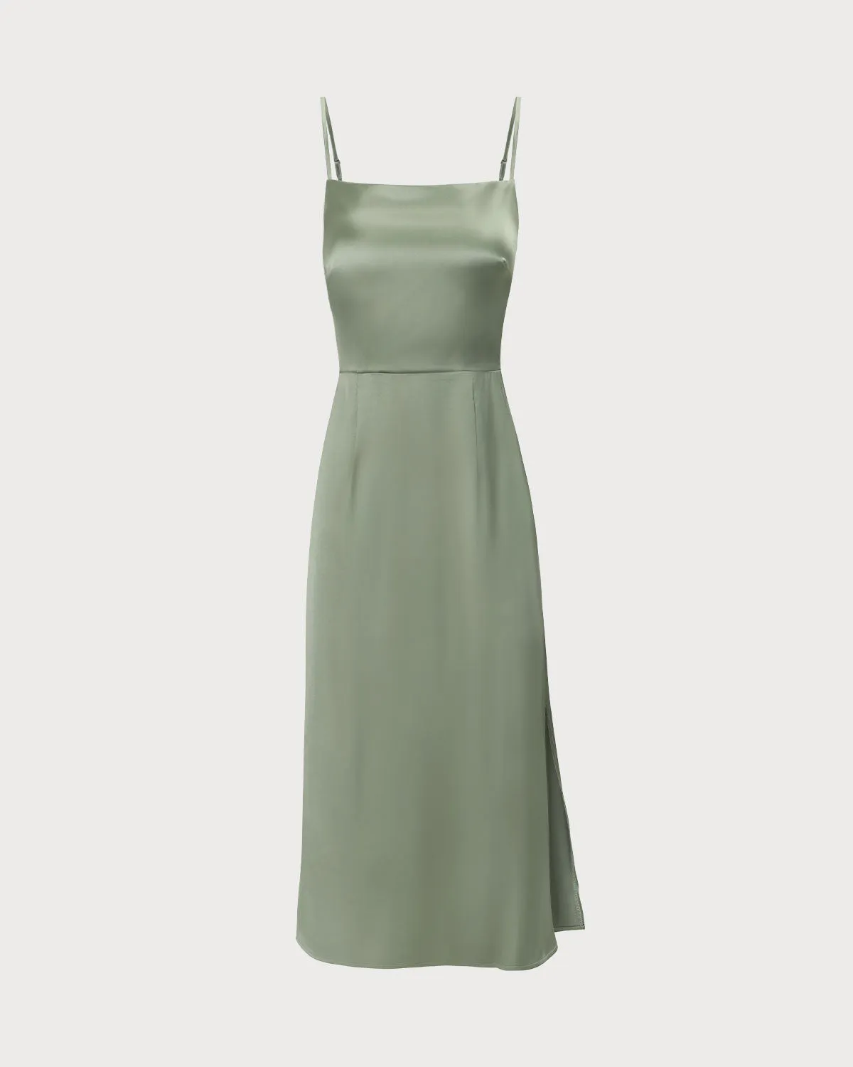 The Green Square Neck Satin Slip Midi Dress