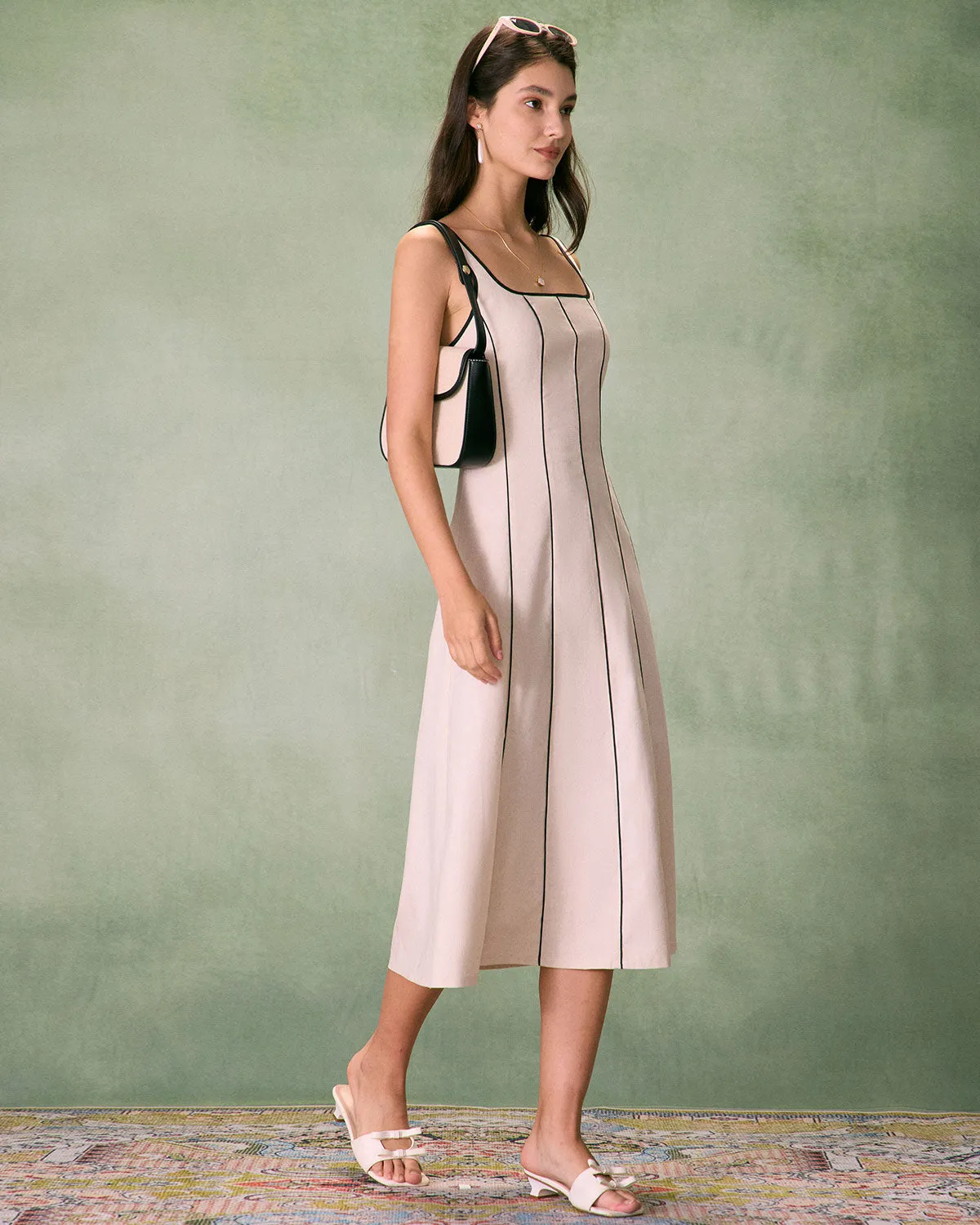 The Khaki Square Neck Contrast Midi Dress