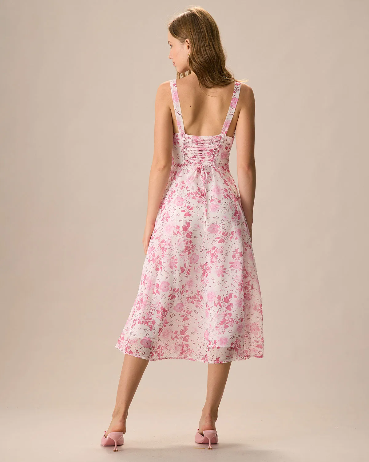 The Pink Square Neck Floral Ruched Midi Dress