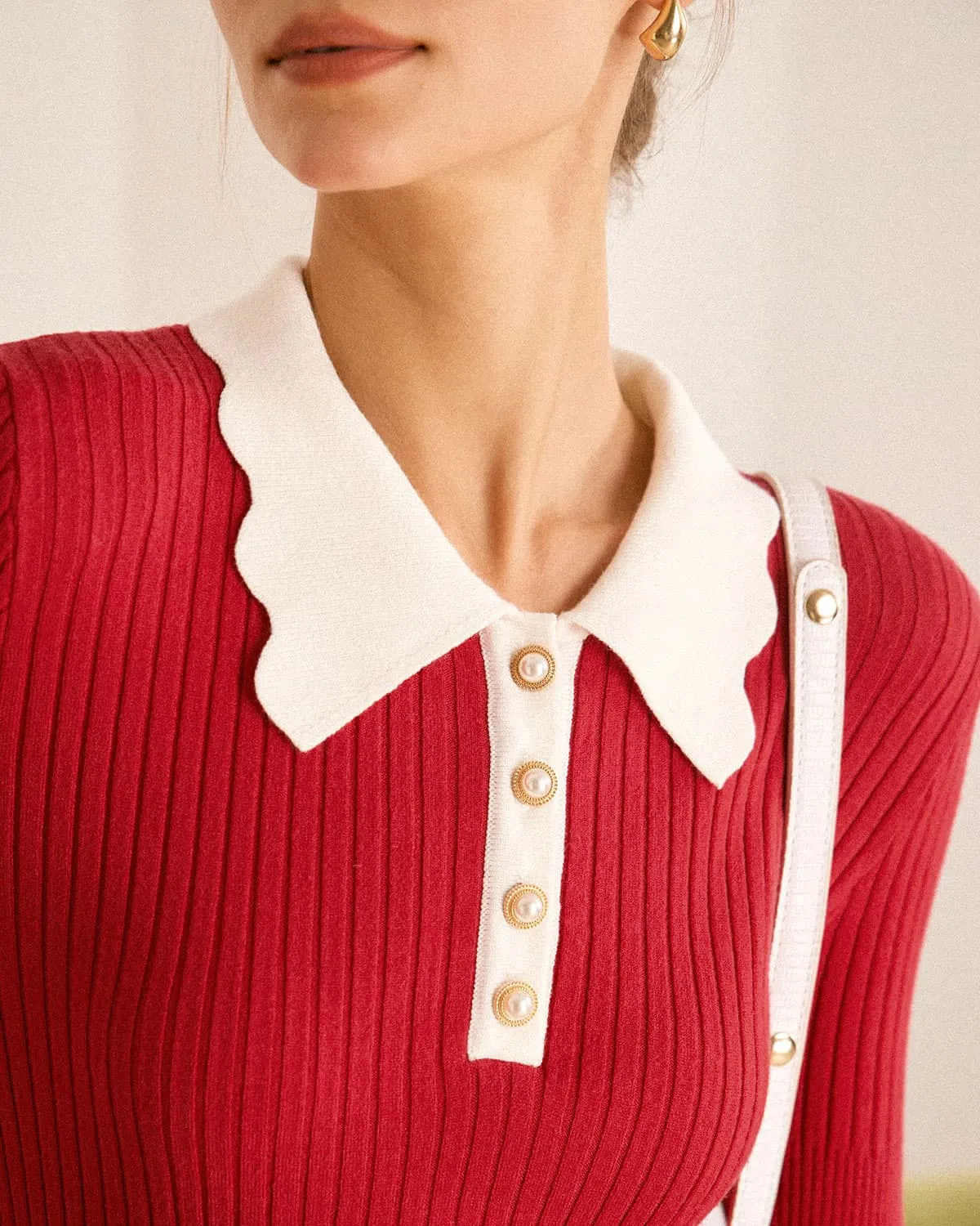 The Red Collared Colorblock Long Sleeve Sweater Dress