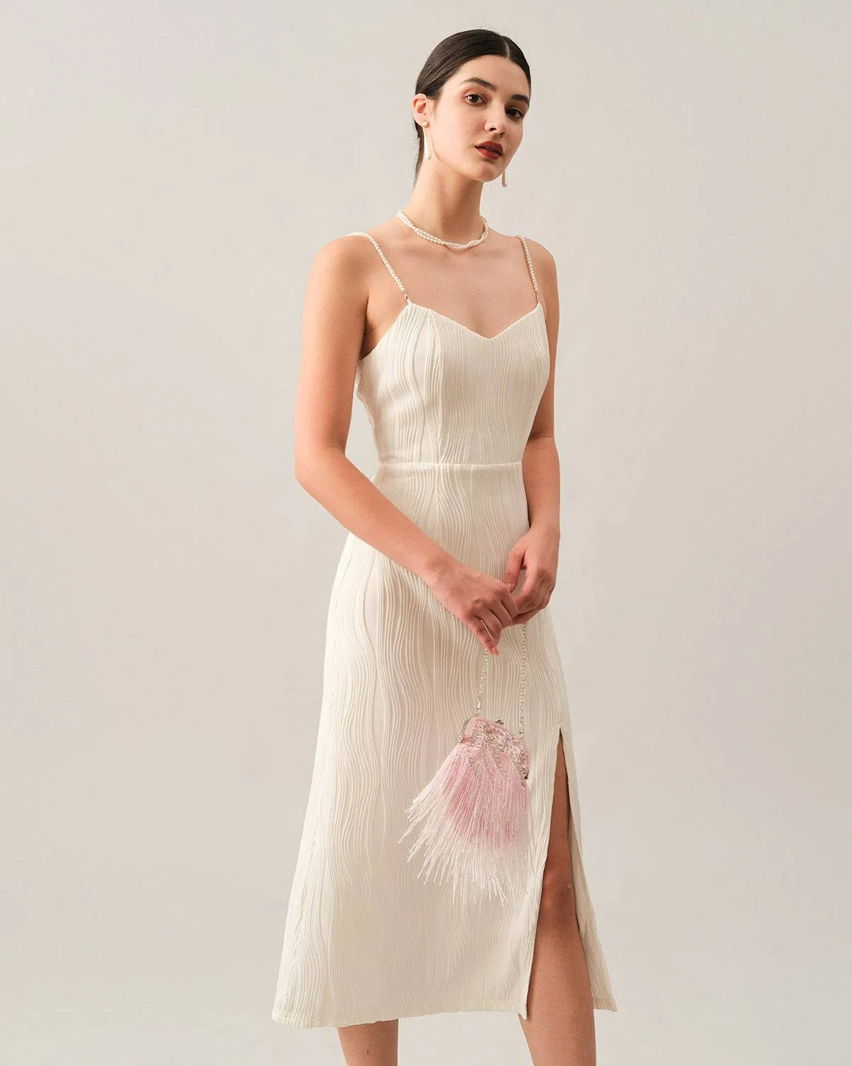 The Wave Textured Pearl Strap Midi Dress