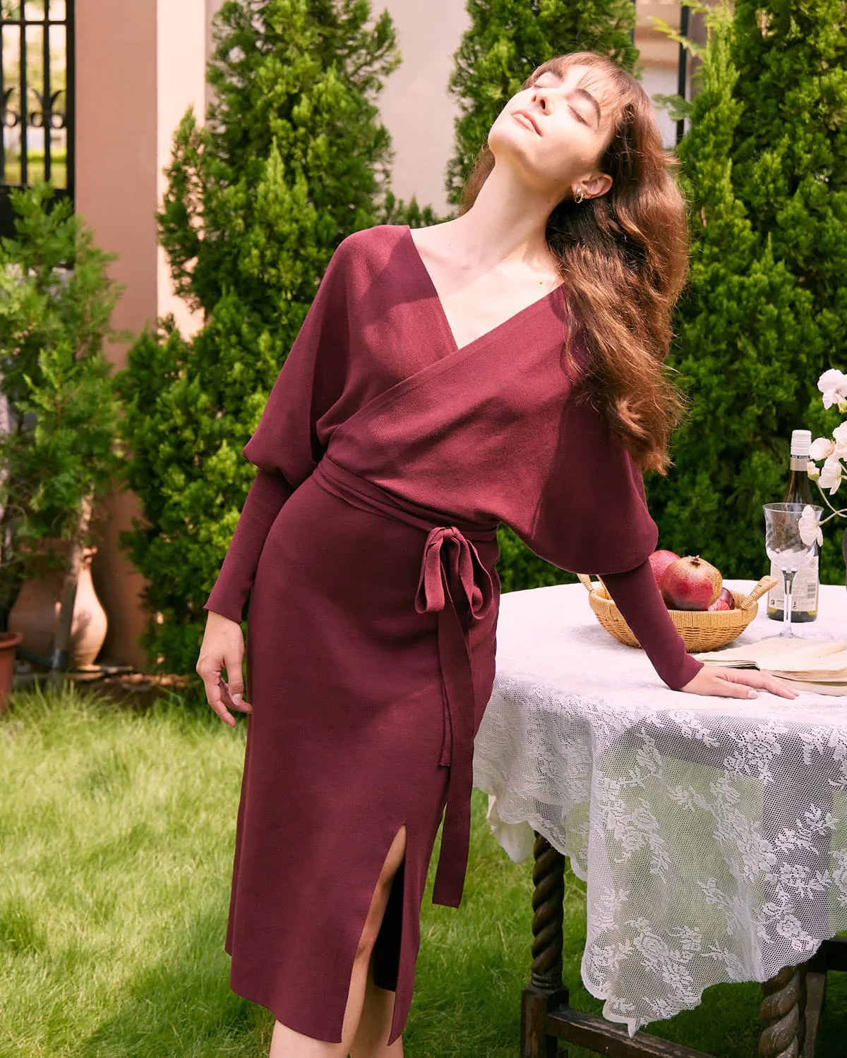 The Wine Red Wrap Sweater Midi Dress