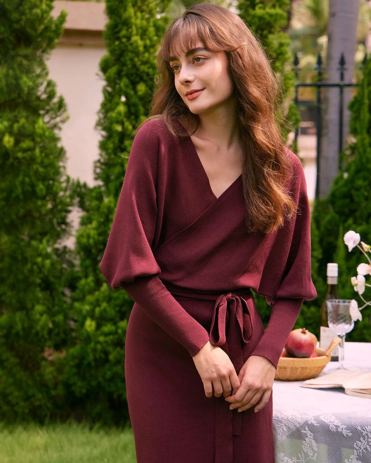 The Wine Red Wrap Sweater Midi Dress