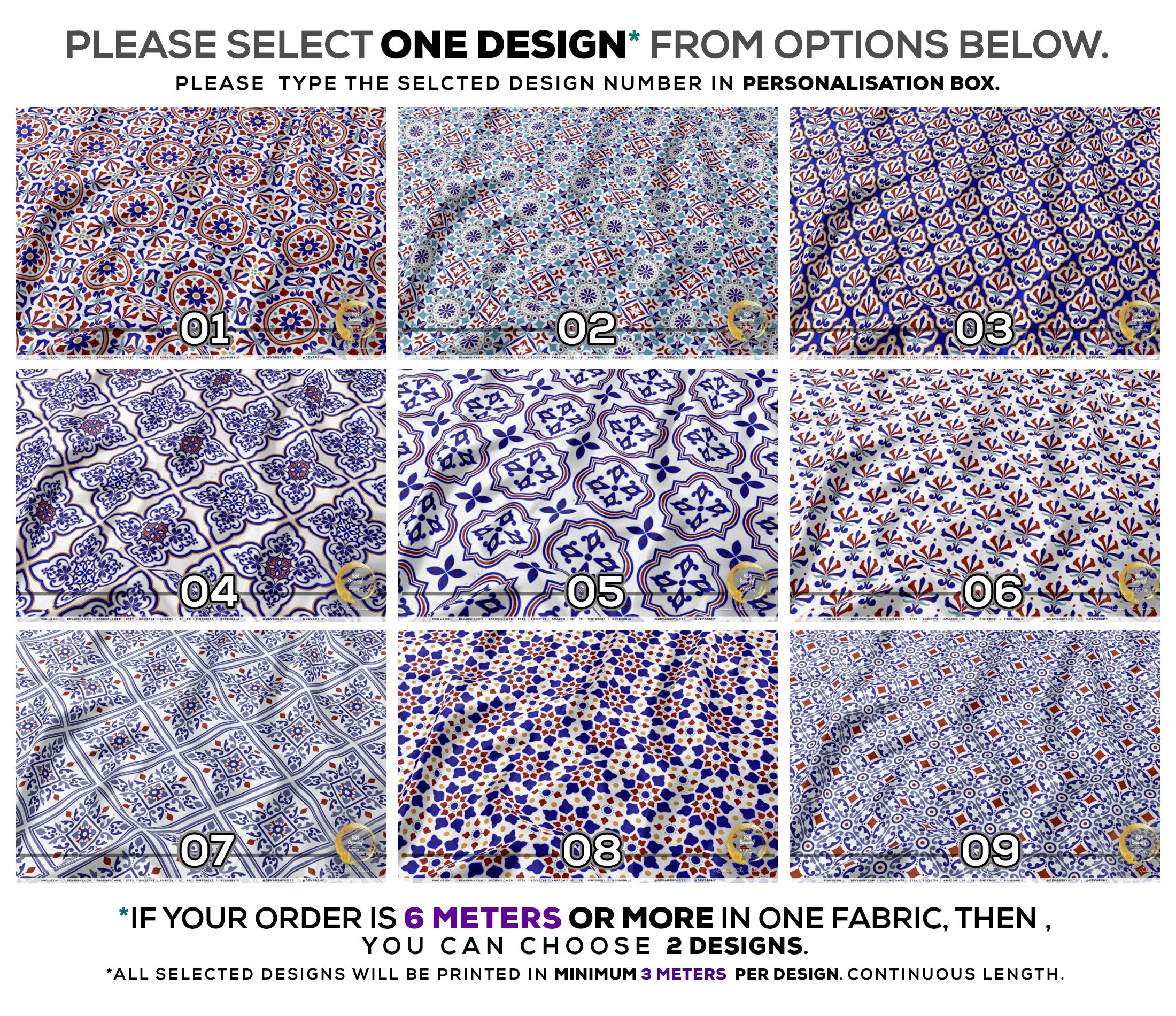 Tiles Pattern Apparel Fabric 3Meters , 9 Designs | 8 Fabrics Option | Moroccan Fabric By the Yard | 035