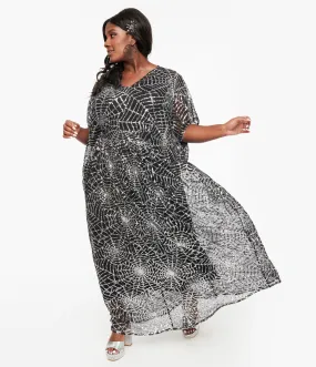 Unique Vintage Black & Silver Sequin Spider Web Burton Caftan Dress