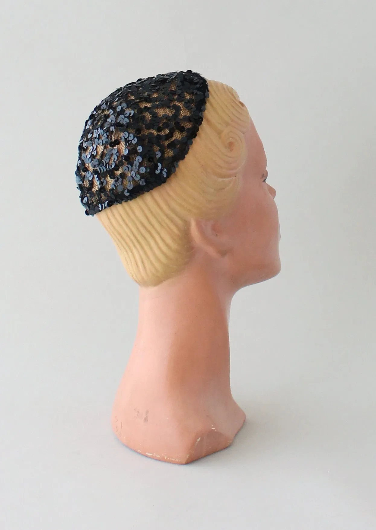 Vintage 1930s Black Sequined Skull Cap