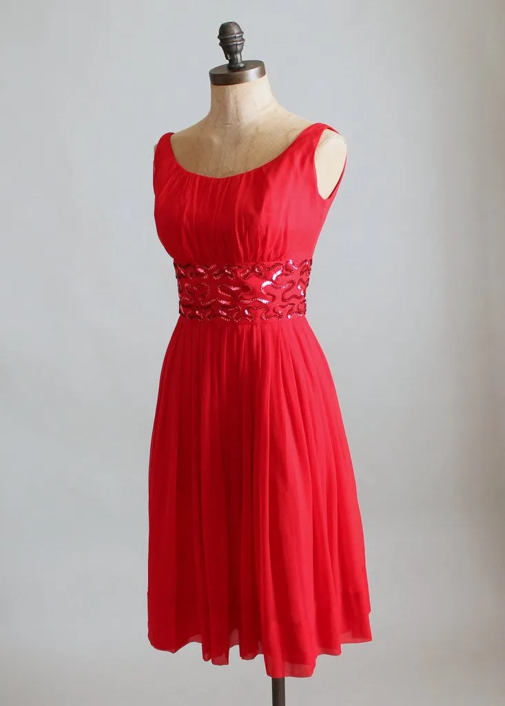 Vintage 1960s Red Chiffon and Sequins Party Dress