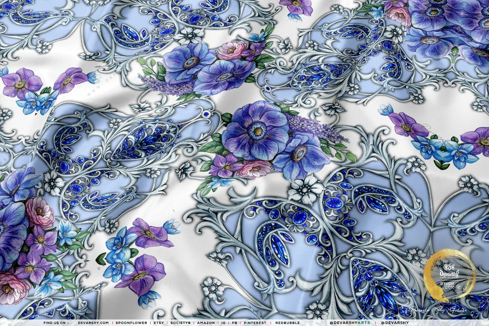 Vintage Floral Print Apparel Fabric 3Meters , 6 Designs | 8 Fabrics Option | Baroque Fabric By the Yard | 044