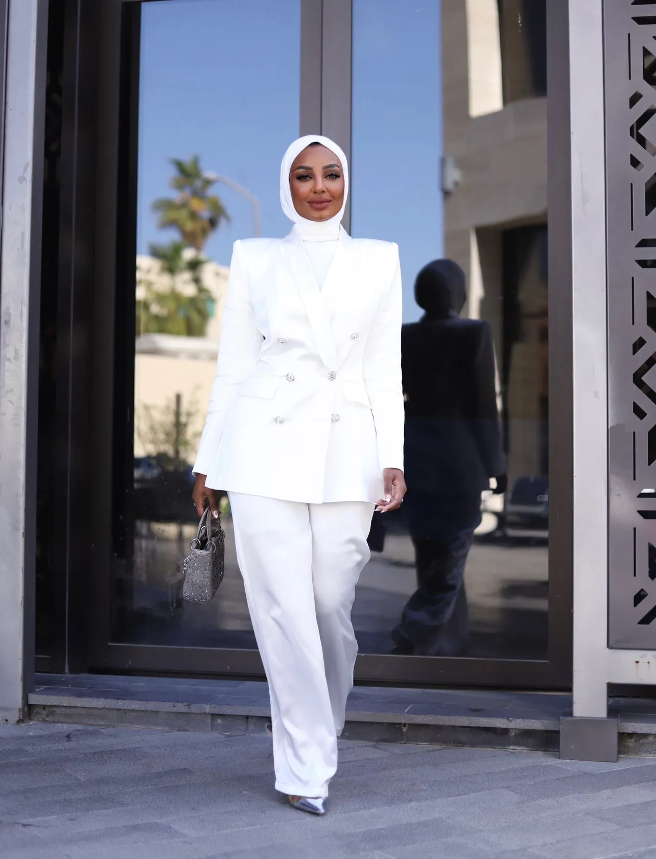 WHITE LUXURY SILK SATIN SUIT WITH DIAMANTÉ BUTTONS