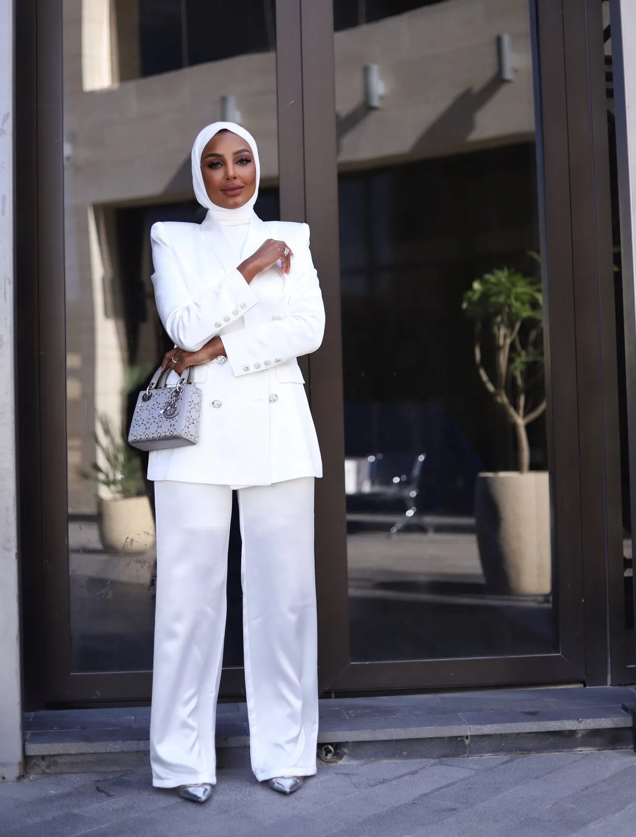 WHITE LUXURY SILK SATIN SUIT WITH DIAMANTÉ BUTTONS