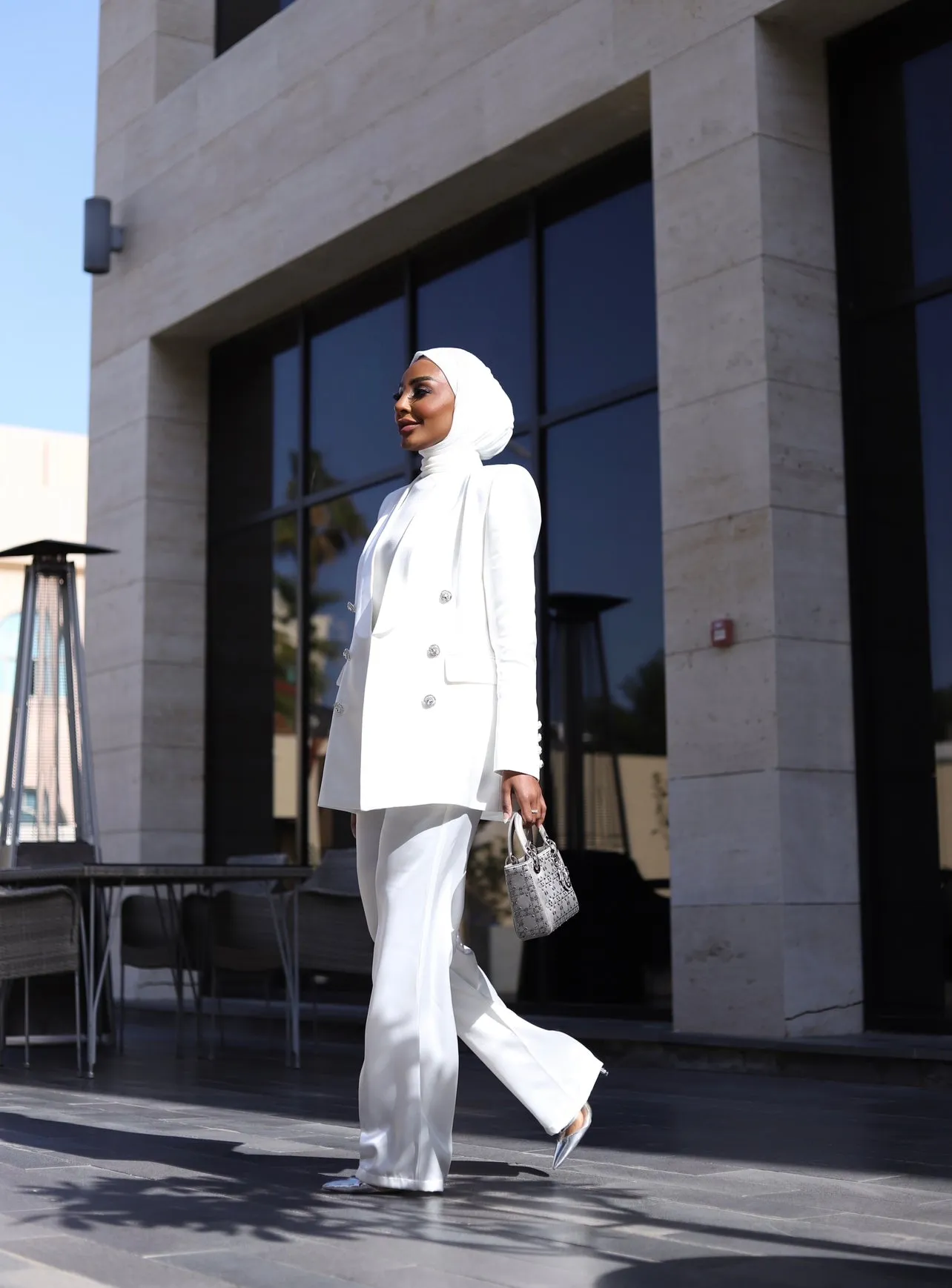 WHITE LUXURY SILK SATIN SUIT WITH DIAMANTÉ BUTTONS