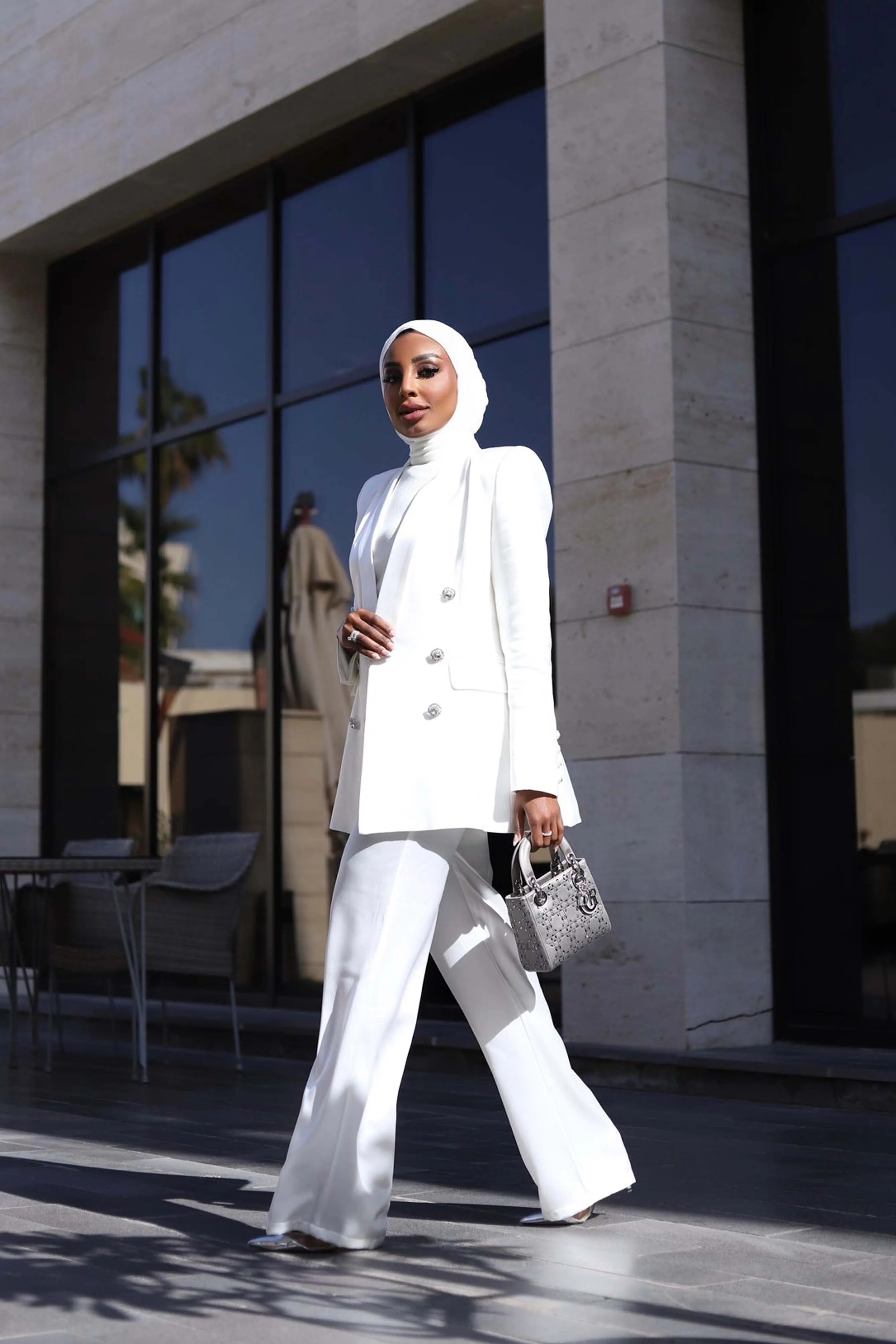 WHITE LUXURY SILK SATIN SUIT WITH DIAMANTÉ BUTTONS