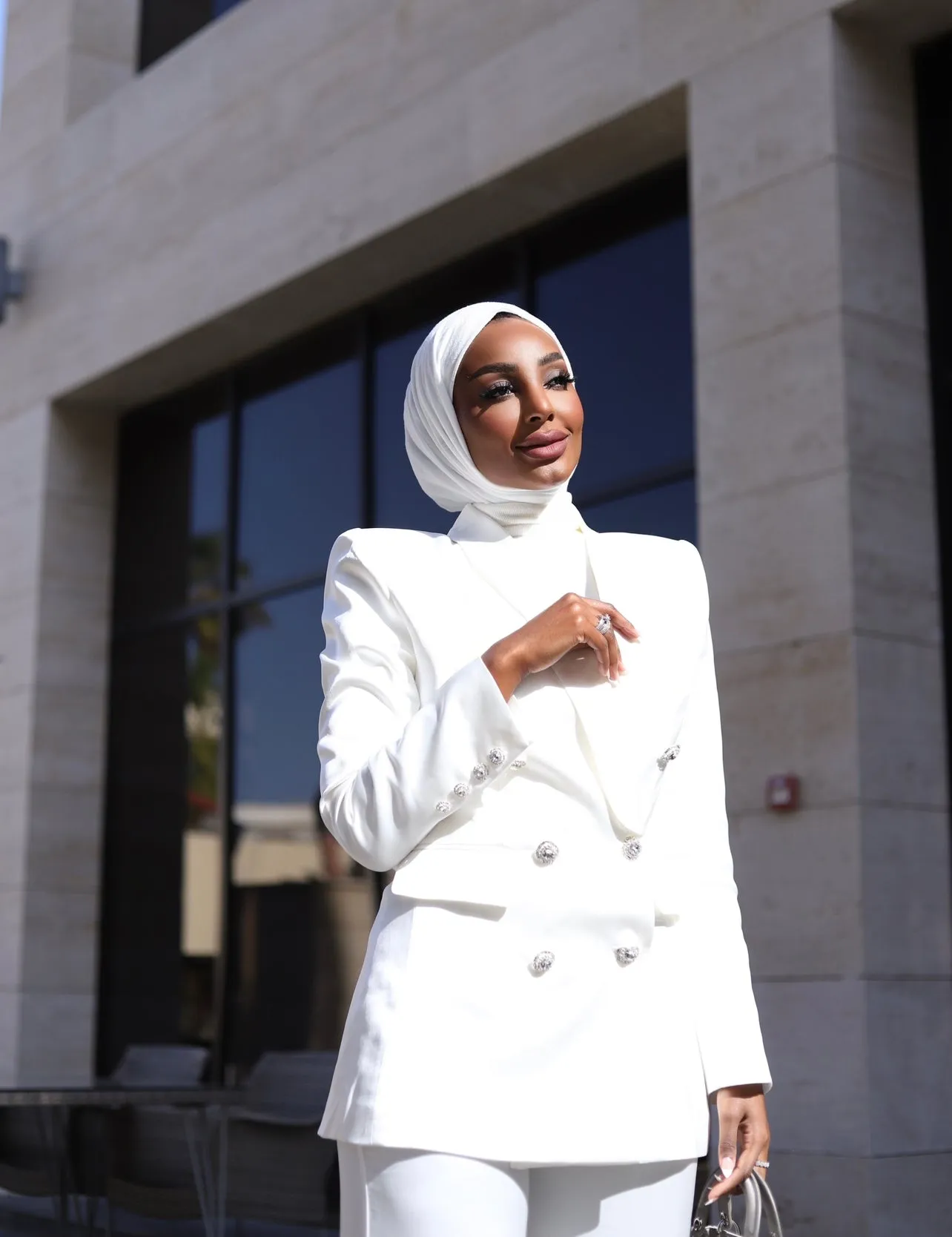 WHITE LUXURY SILK SATIN SUIT WITH DIAMANTÉ BUTTONS