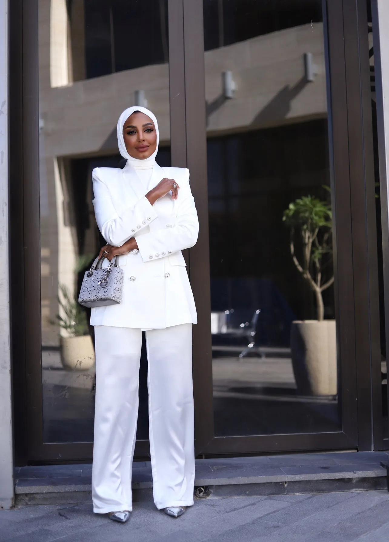 WHITE LUXURY SILK SATIN SUIT WITH DIAMANTÉ BUTTONS