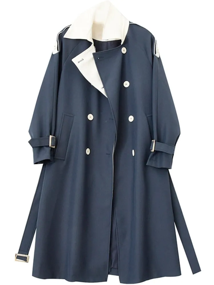 Wjczt Casual Loose Turn-down Collar Women Long Trench Coats Elegant Double Breasted Sashes Hit Color Female Windbreaker 2022