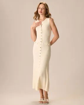 Women's Apricot Button-up Sweater Maxi Dress