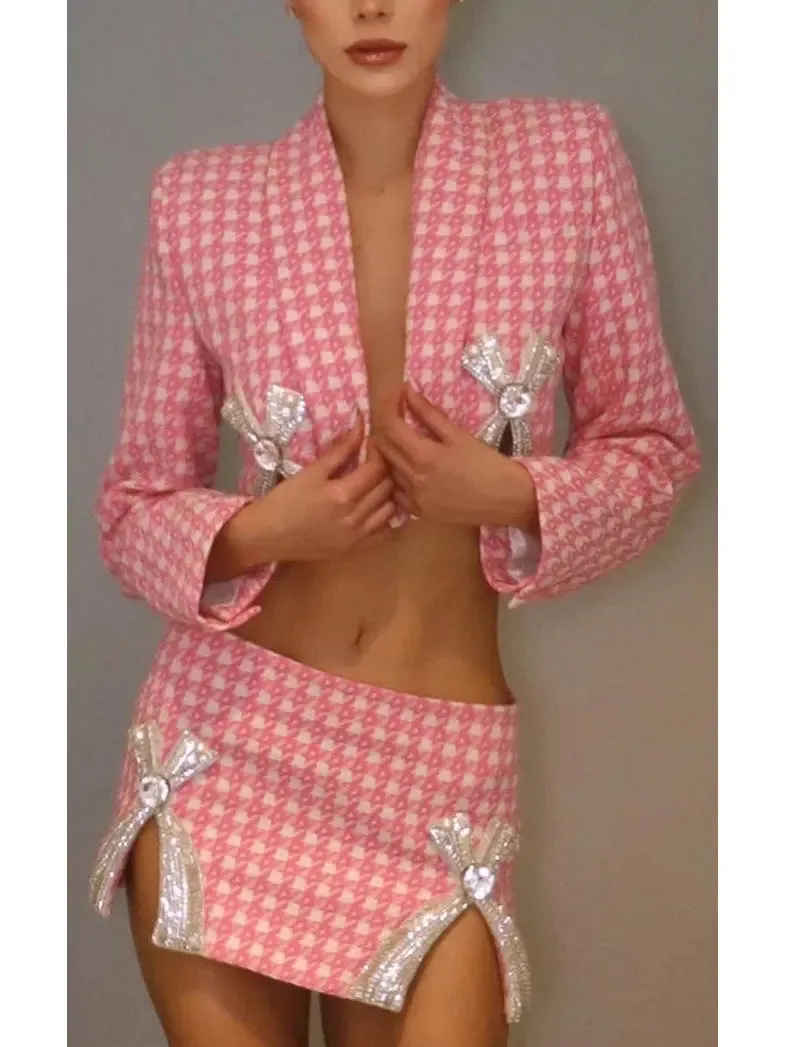 Women’s Bow-Embroidered Cropped Blazer and Mini Skirt Set in Pink Houndstooth