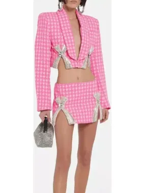 Women’s Bow-Embroidered Cropped Blazer and Mini Skirt Set in Pink Houndstooth