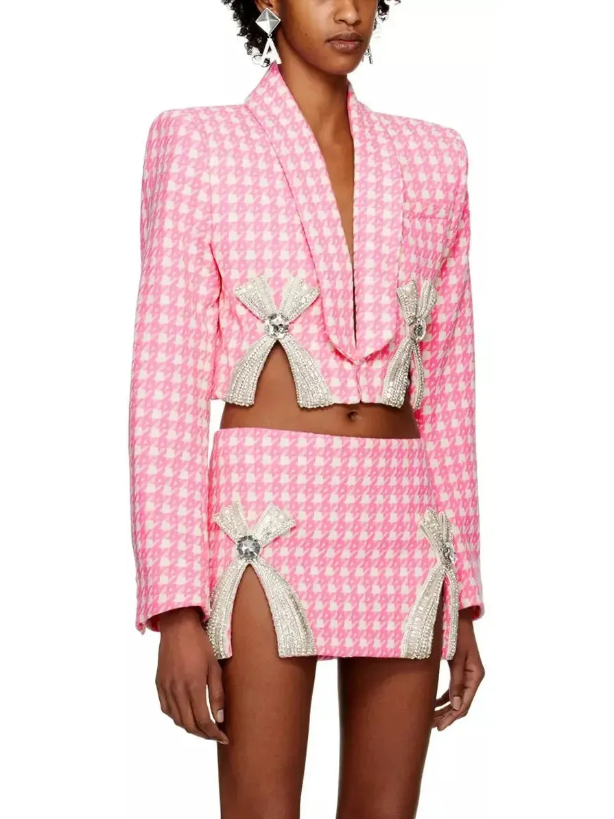 Women’s Bow-Embroidered Cropped Blazer and Mini Skirt Set in Pink Houndstooth