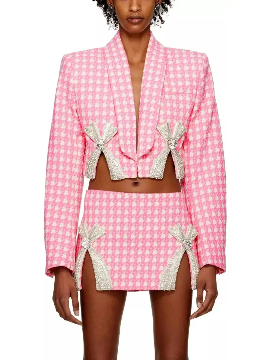 Women’s Bow-Embroidered Cropped Blazer and Mini Skirt Set in Pink Houndstooth