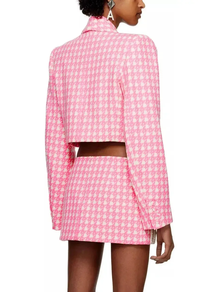 Women’s Bow-Embroidered Cropped Blazer and Mini Skirt Set in Pink Houndstooth