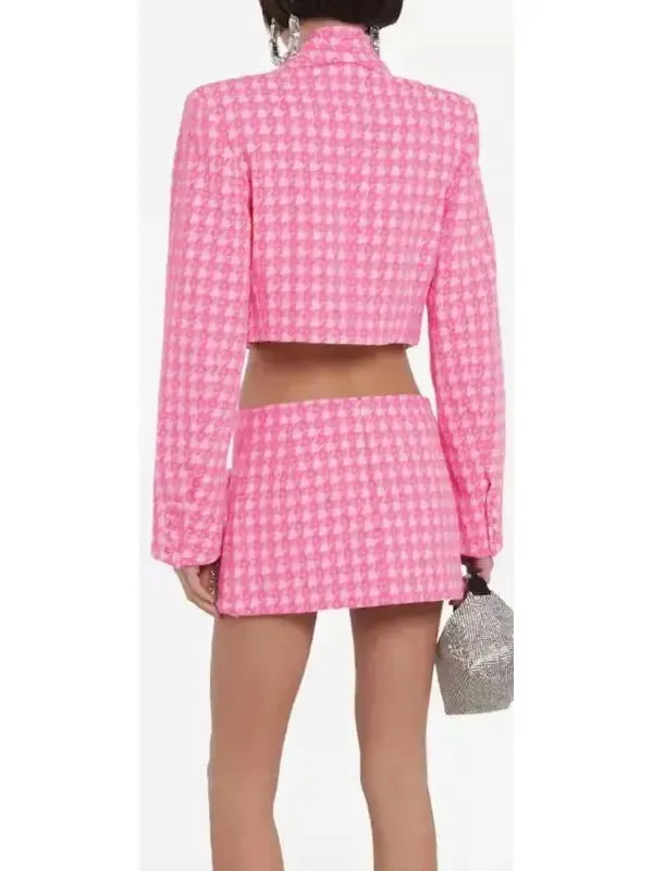 Women’s Bow-Embroidered Cropped Blazer and Mini Skirt Set in Pink Houndstooth