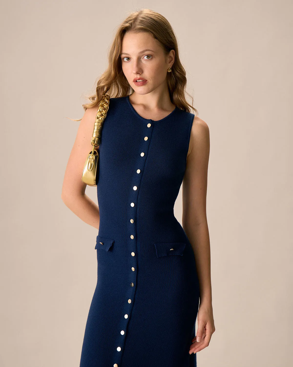 Women's Navy Button-up Sweater Maxi Dress