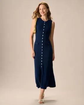 Women's Navy Button-up Sweater Maxi Dress