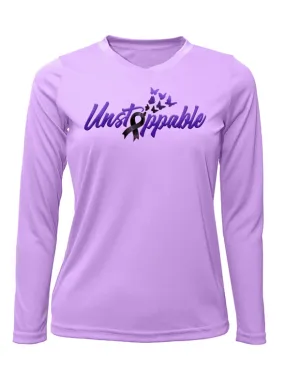 Women's Unstoppable UPF 50 Long Sleeve V-Neck Shirt by Butterfly Warriors | UV Protection | Moisture Wicking Rash Guard | Skin Cancer Awareness |