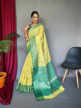 Yellow with Green Saree in Linen